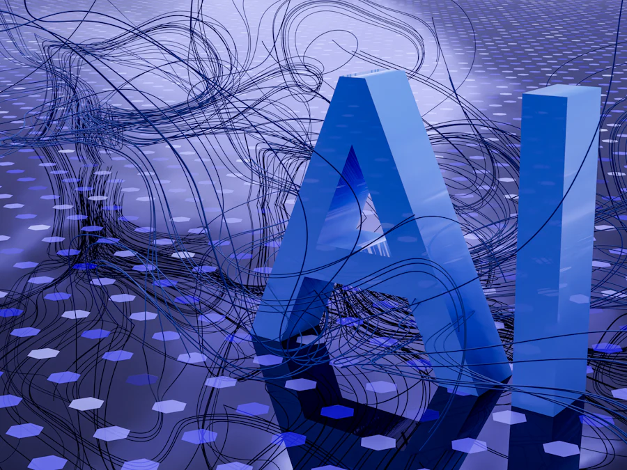 Abstract illustration of the letters A and I rising from a grid of connected data nodes