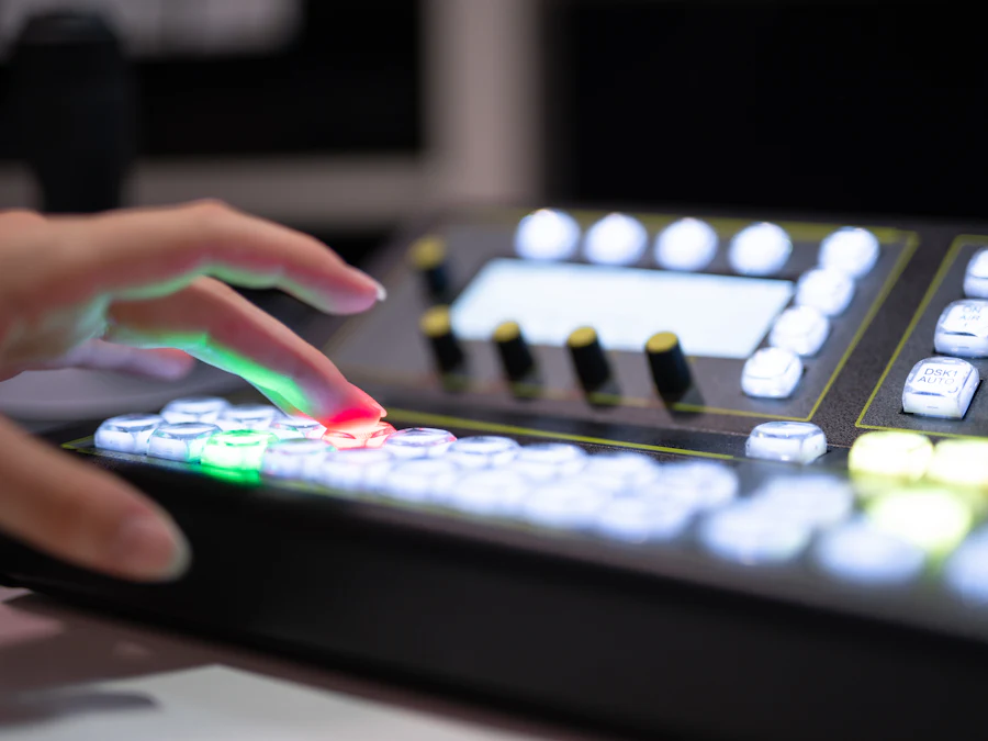Hand operating the illuminated buttons of a broadcast video switcher panel