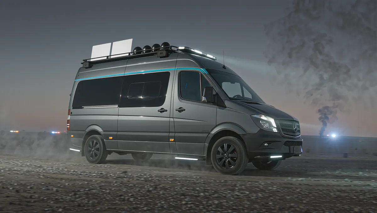 Concept rendering of the command van at dusk with two flat satellite antennas on the roof