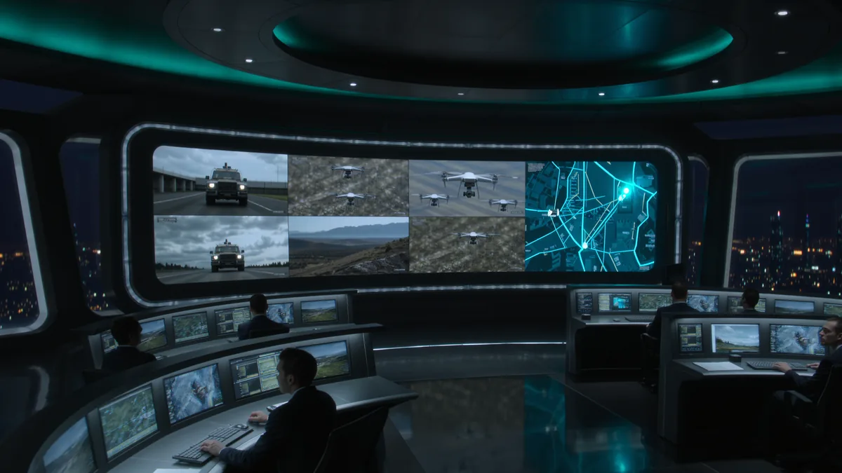 Crisis-centre control room with a curved video wall showing the van's camera feeds, drone video and a map