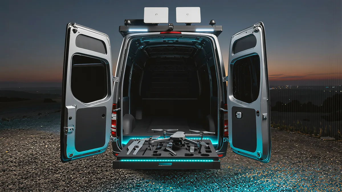 Rear of the van with both doors open and the drone drawer pulled out, a fixed-wing aircraft and a folded quadcopter in foam