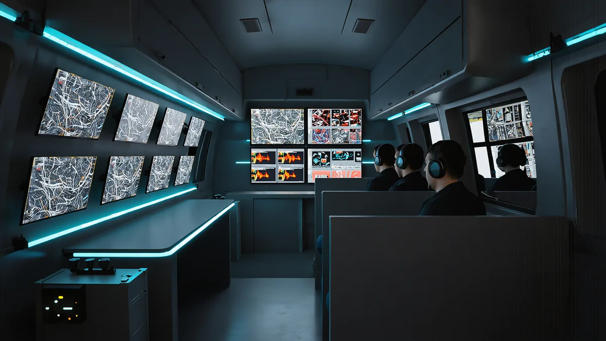 Inside the van: operators with headsets at a long desk facing banks of monitors showing maps and thermal video, cyan accent lighting