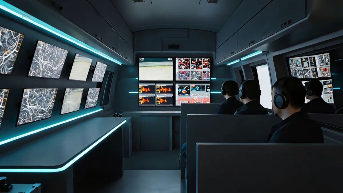 Operators at the desk inside the van, wall display above the partition showing several live feeds