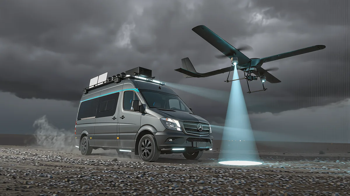 Fixed-wing VTOL aircraft lifting off vertically beside the van under a stormy sky, a cone of light beneath it
