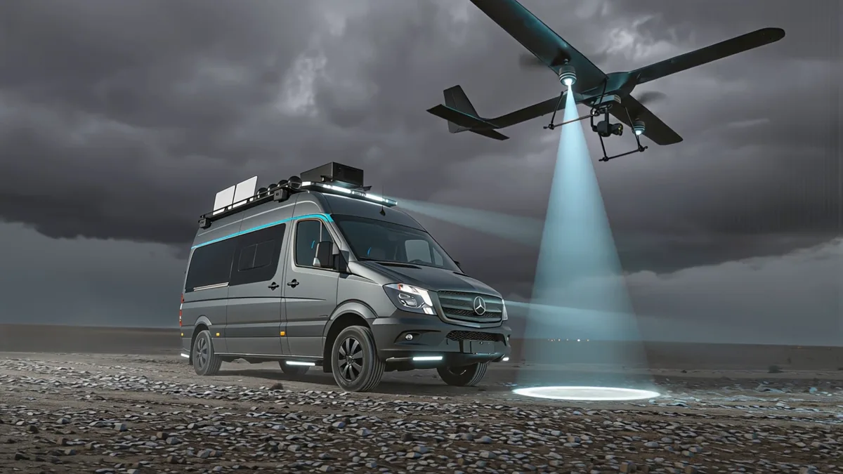Fixed-wing aircraft climbing above the parked command van at dusk