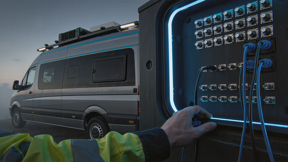 Technician in a hi-vis jacket plugging cables into the illuminated connection panel on the side of the van