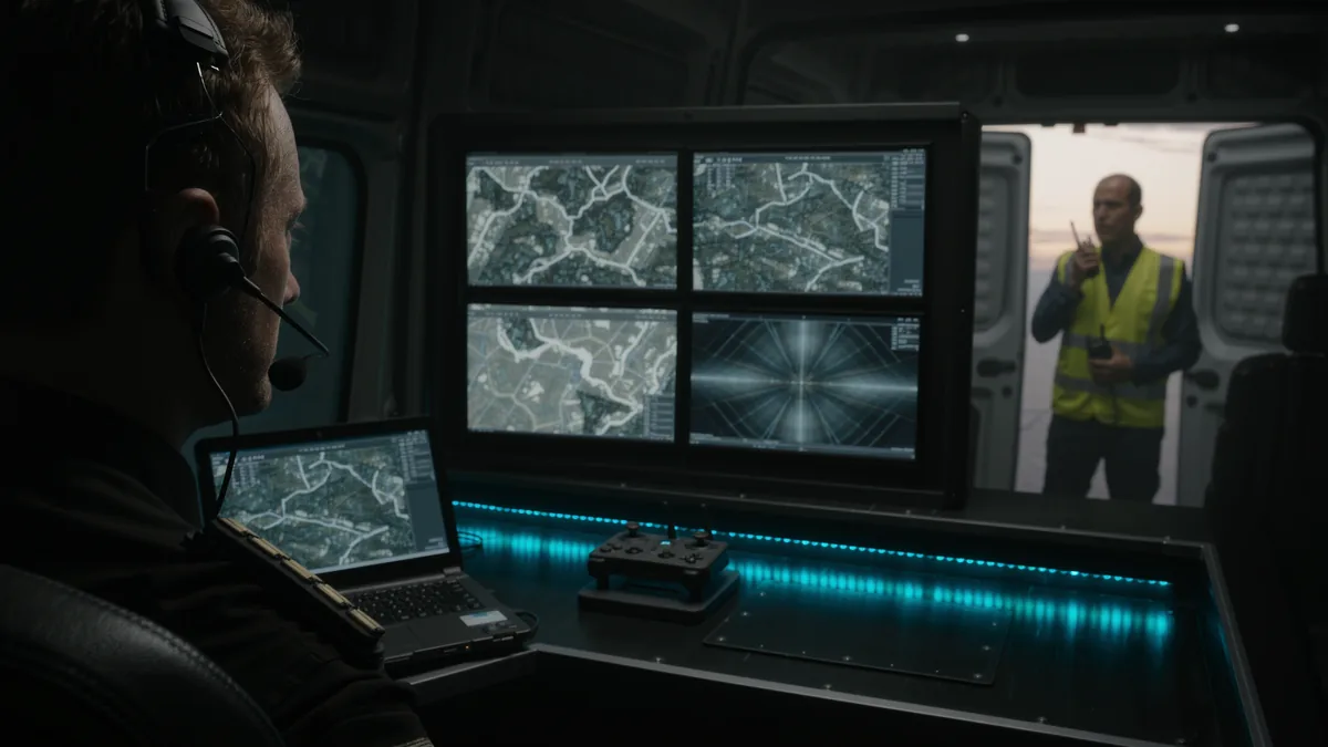 Drone pilot with a headset at a console of monitors and a rugged laptop; through the open rear doors an observer stands outside with a radio